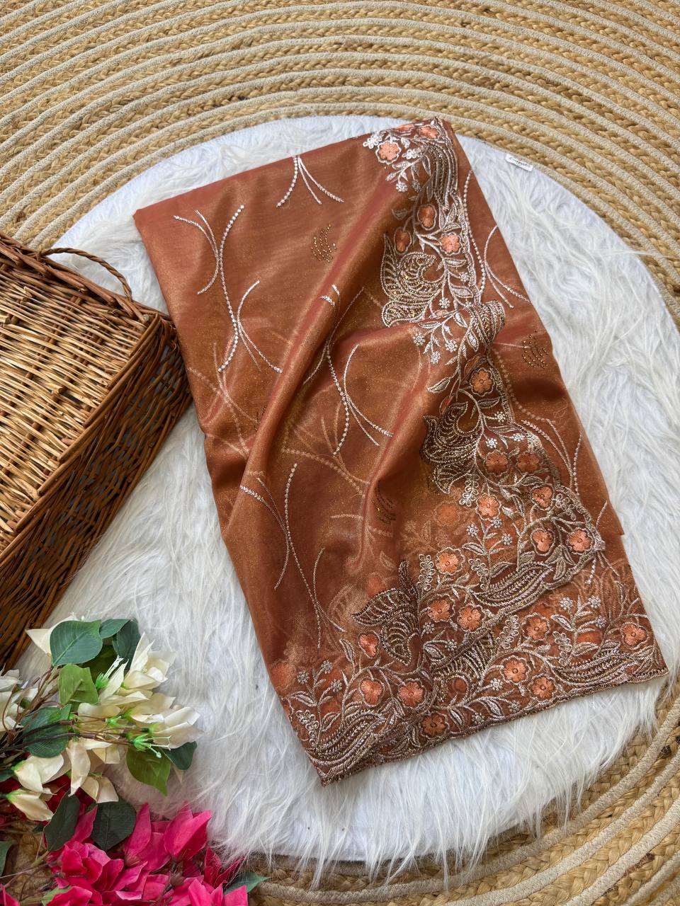 Pure Tissue Silk in solid color Saree With Embroidery viscose thread work with zarkhan