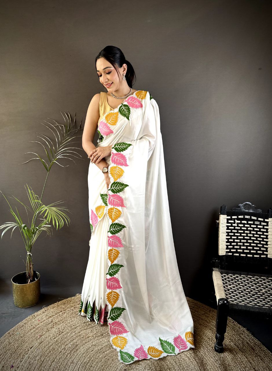 Multicolor Leaf Embroidery Saree in Rangoli Silk