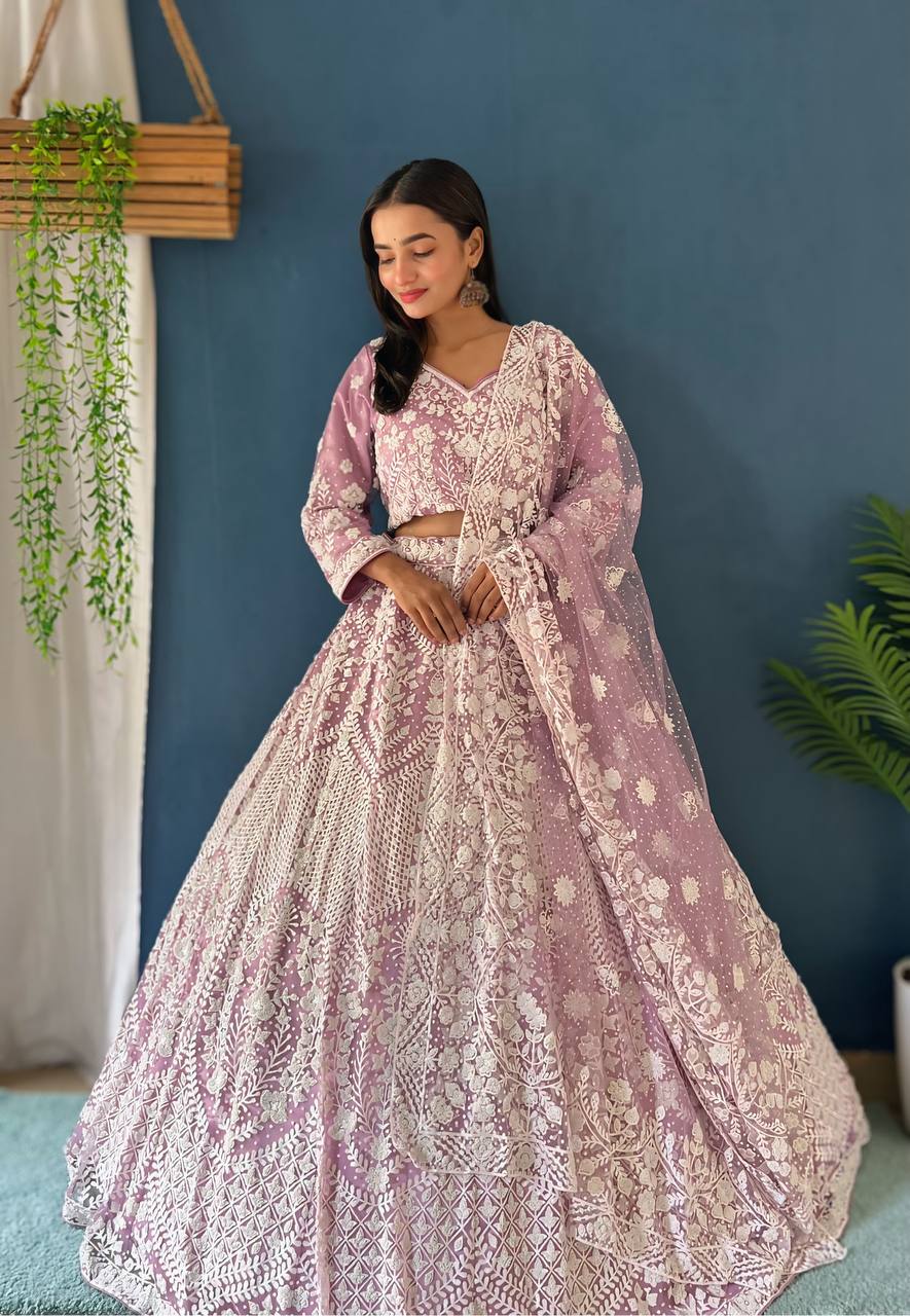 Heavy Mono Net Pure Bitts Pearl Design Work Lehenga