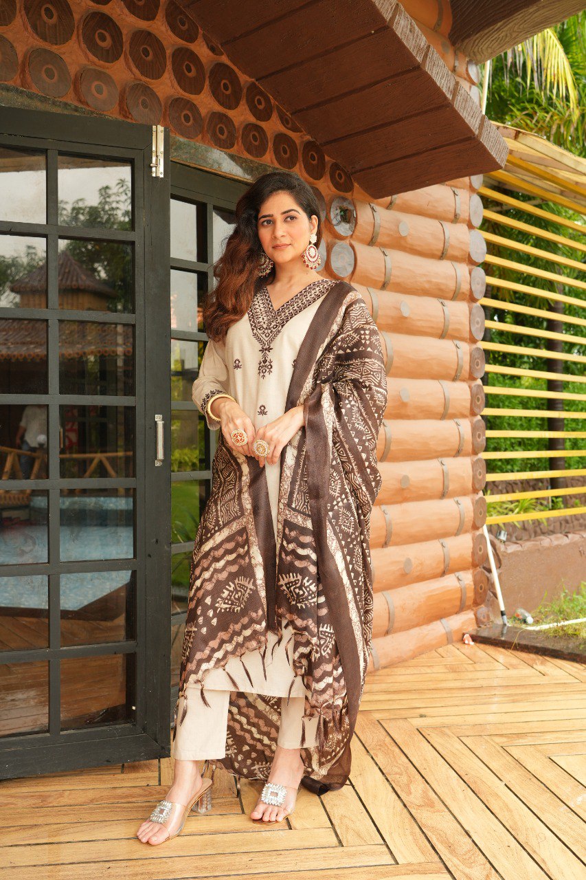 Khadi Cotton Fully Stitched Ethnic Set with Dupatta