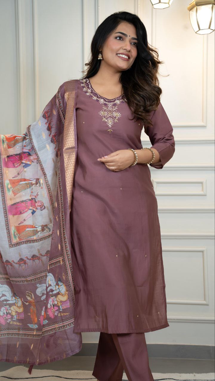 Premium Roman Silk Designer Kurti Pant Dupatta Set