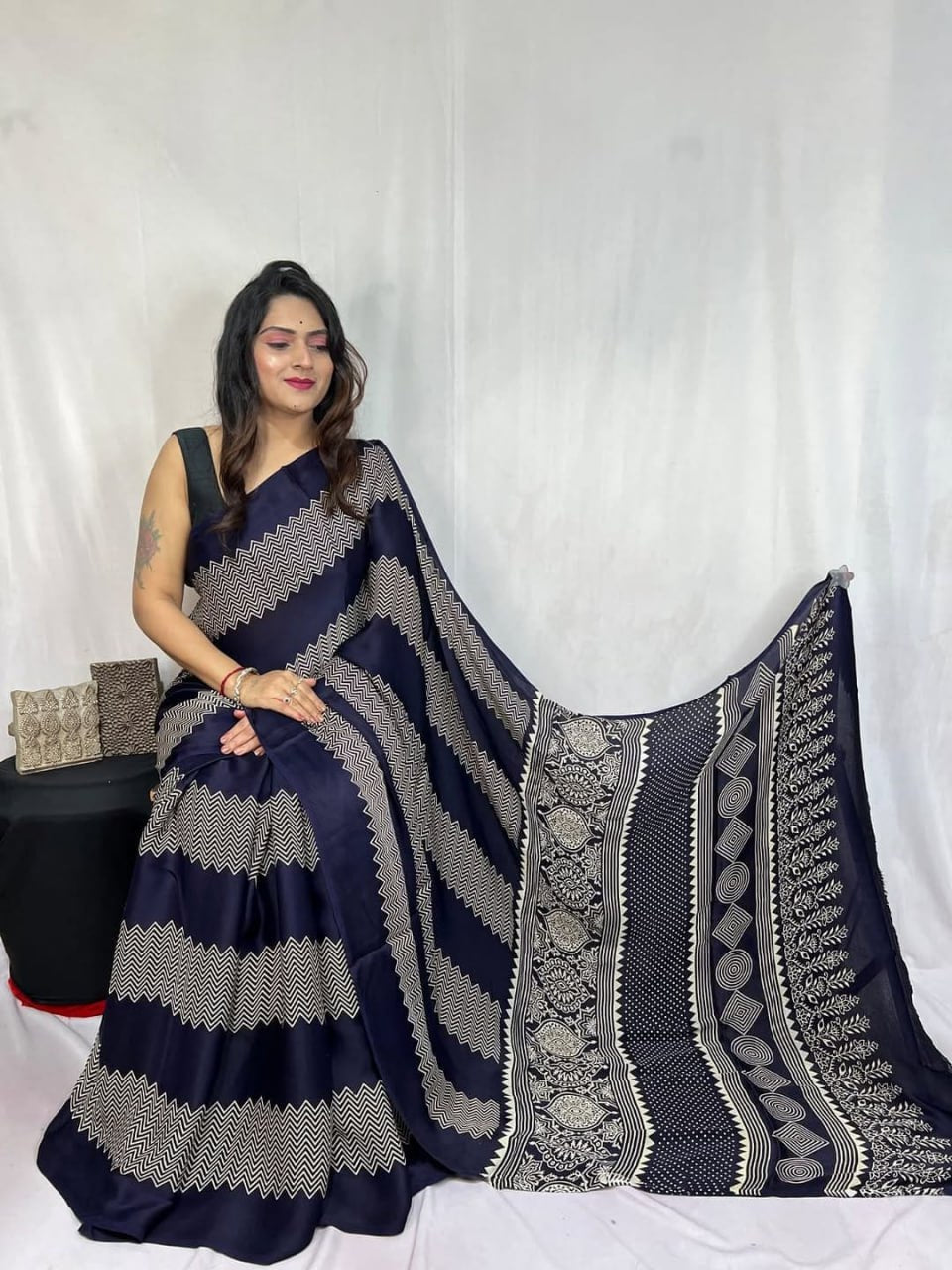 Digital Print Border with Ajrakh Rich Pall Semi Gajji Silk Soft and Smooth Saree