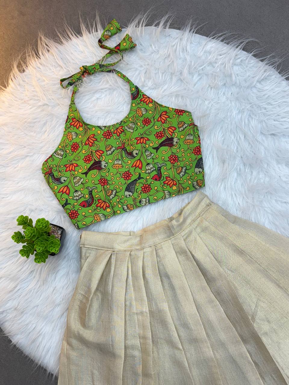 Kids Kerala Silk Lehenga Choli with Ajrakh Print Blouse