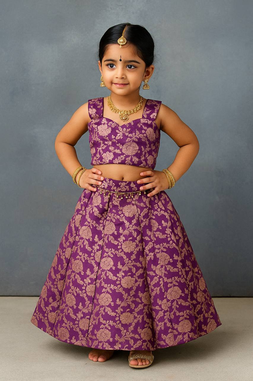 Kids Banarasi Silk Lehenga Choli with Jacquard Weaving & Moti Lace