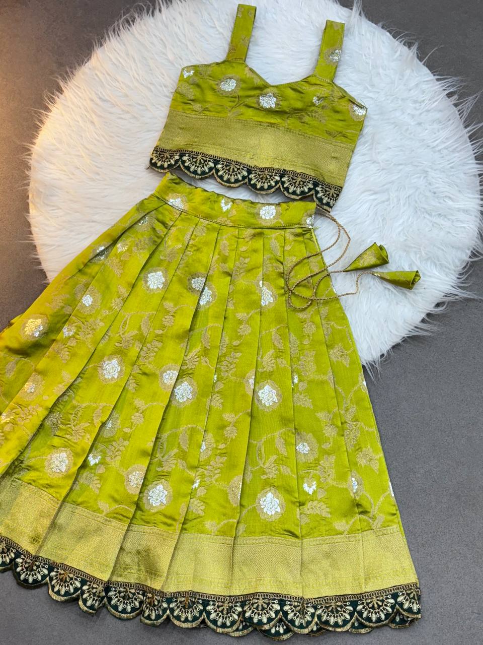 Kids Silk Lehenga Choli with Jacquard Weaving & Embroidery Lace