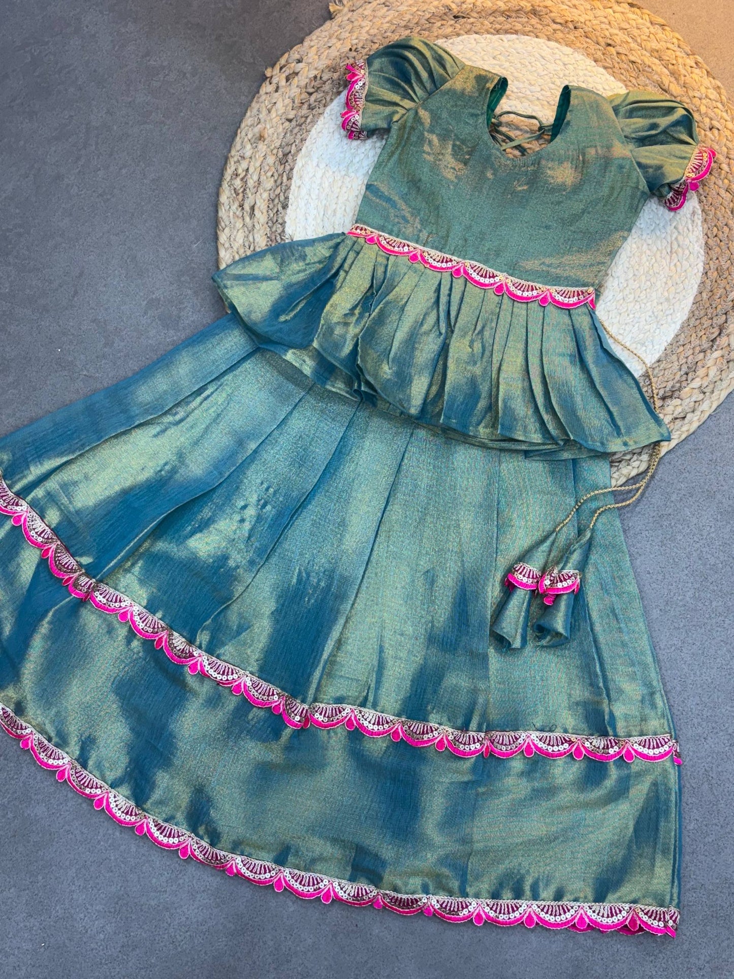 Ice Blue Dual ton Kids Silk Lehenga Choli with Jacquard Weaving & Embroidery Lace