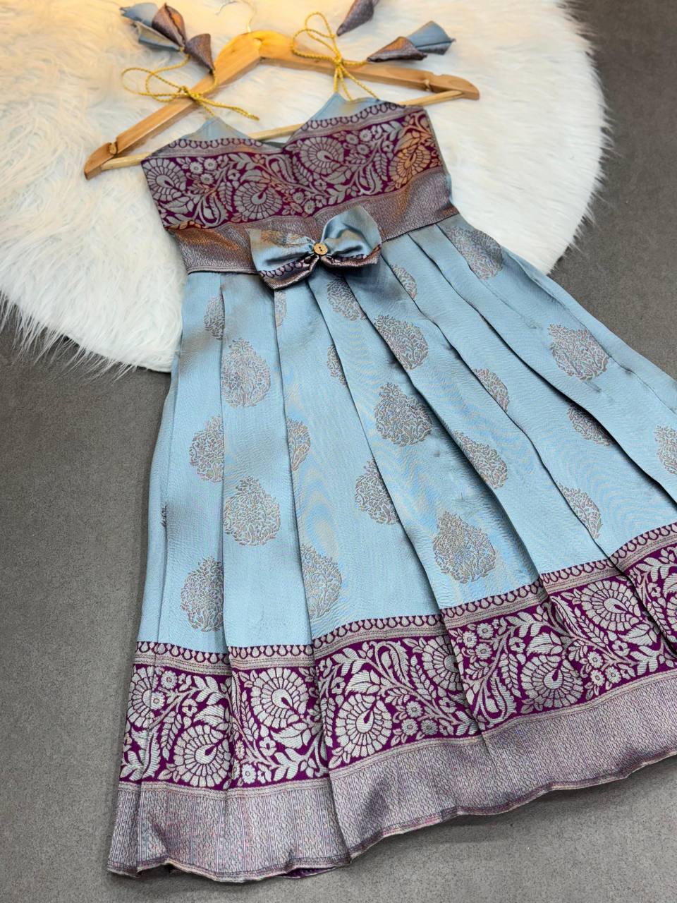 Kids Silk Gown with Jacquard Weaving & Embroidery Lace