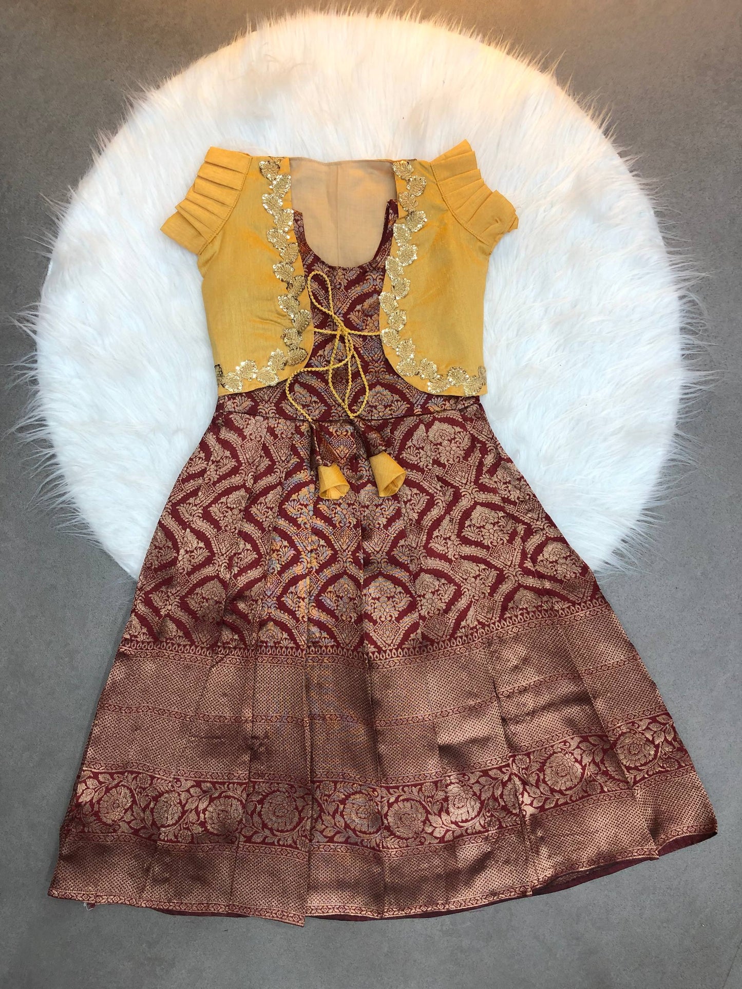 Maroon Color Kids Koti Gown with Jacquard Weaving & Embroidered Koti