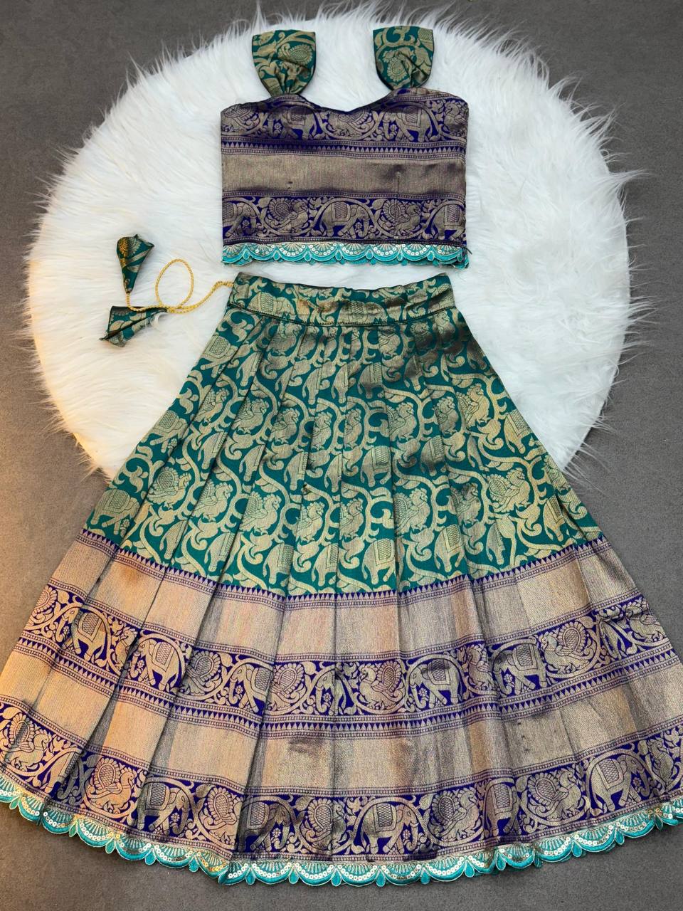 Kids Silk Lehenga Choli with Jacquard Weaving & Embroidery Lace