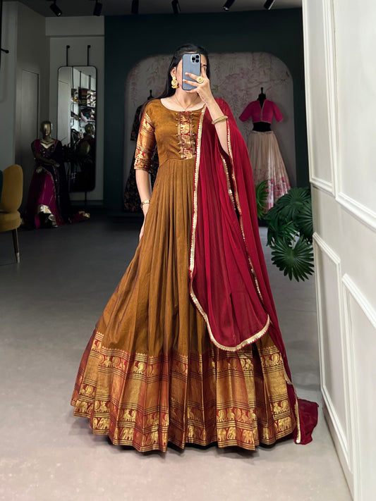 Traditional Narayanpet Cotton Gown with Chiffon Dupatta