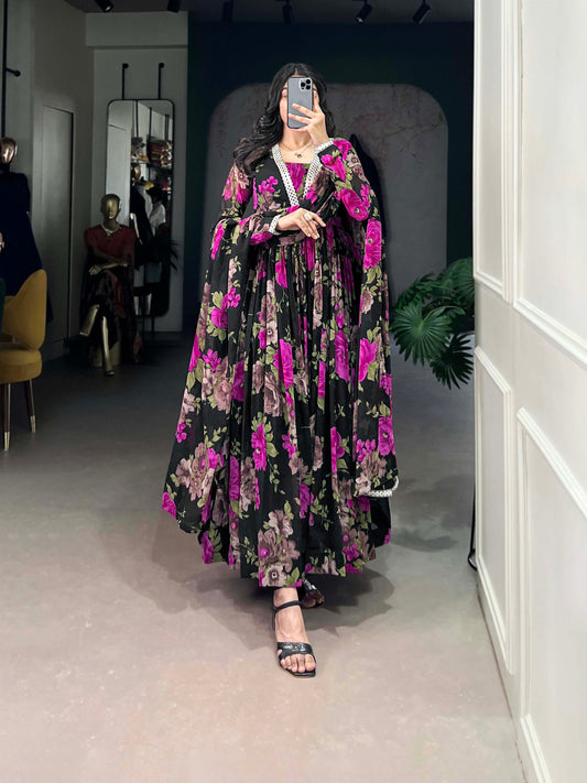 Floral Print Georgette Gown with Dupatta
