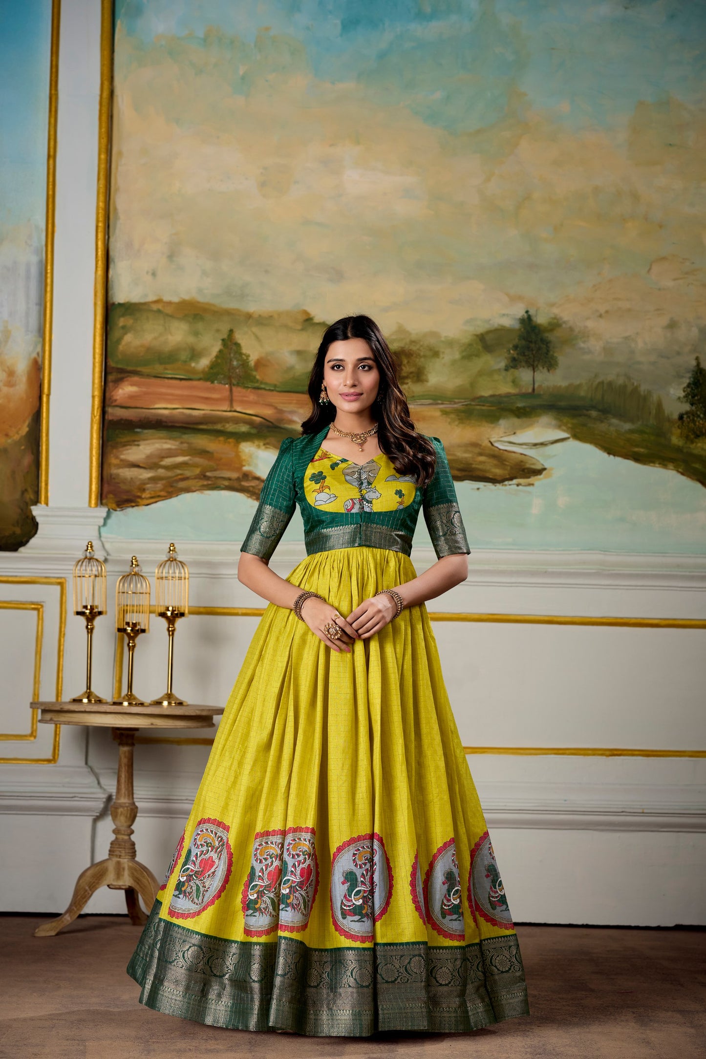 Elegant Dola Silk Kalamkari Print Gown with Zari Weaving Koti