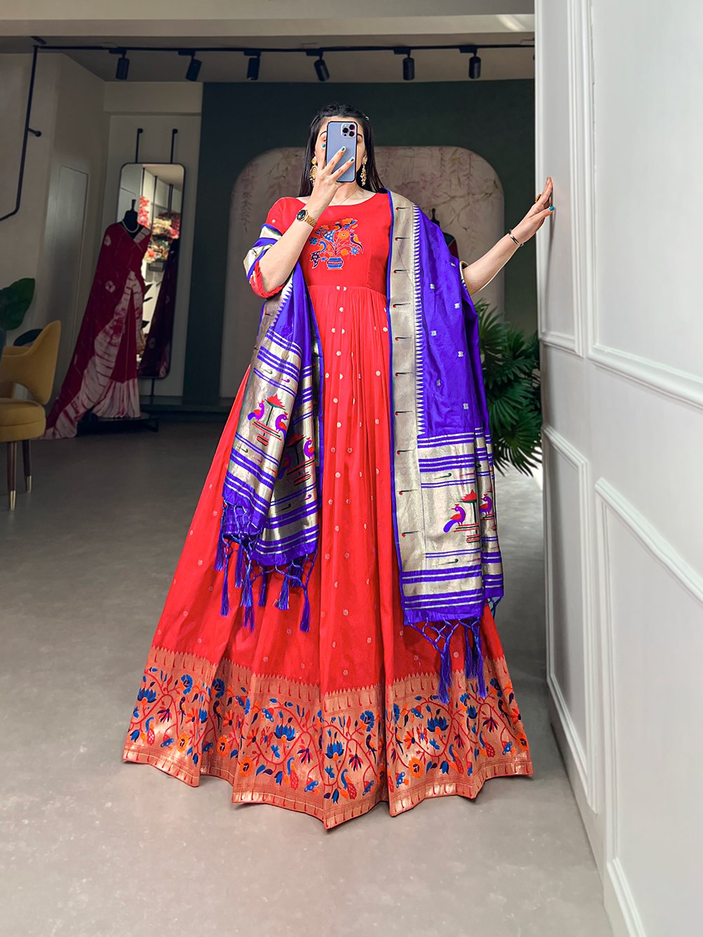 Jacquard Silk Paithani Gown with Zari Weaving Dupatta