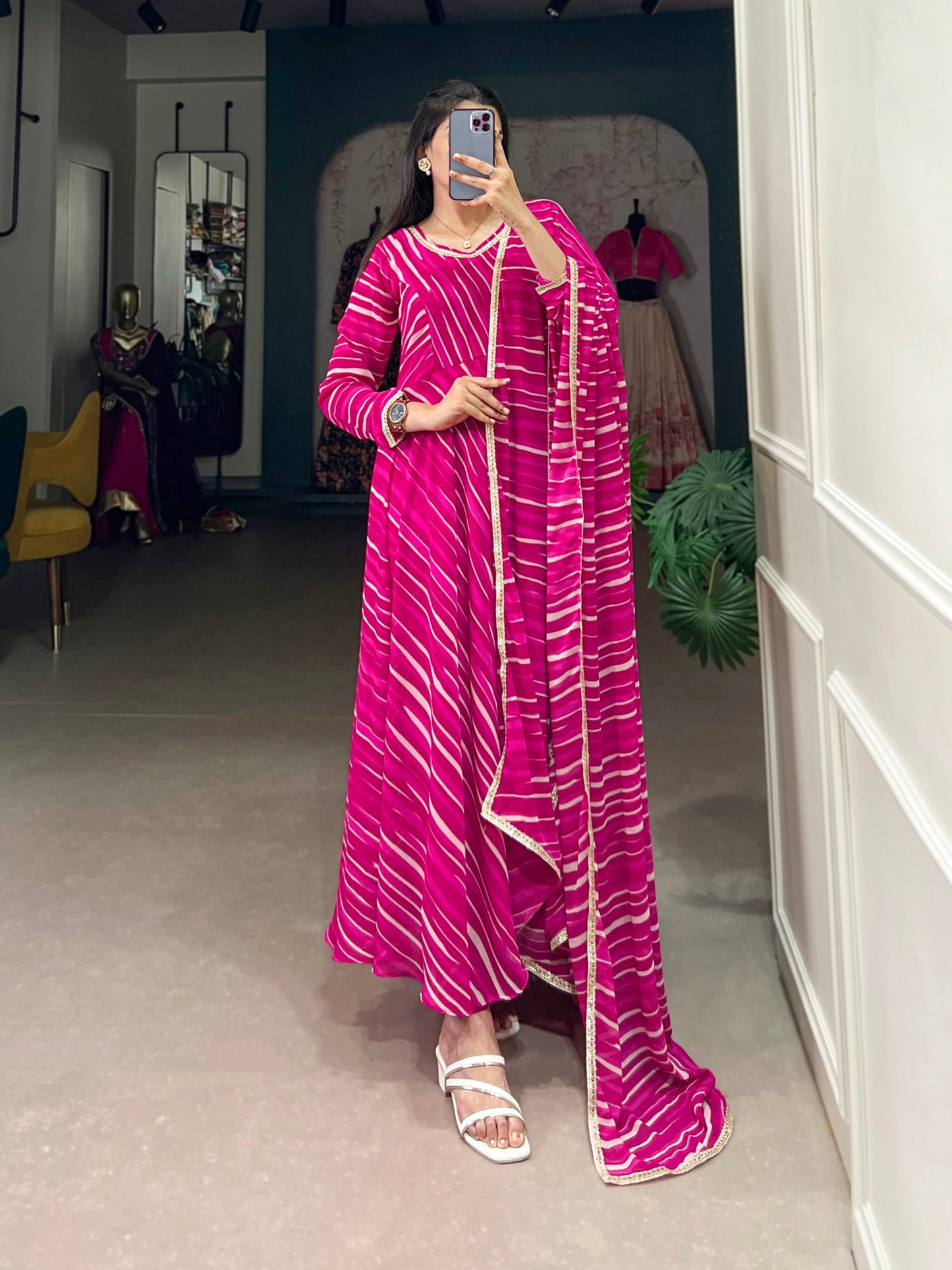 Festive Leheriya Georgette Ready-to-Wear Gown with Dupatta
