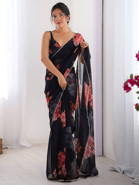 Printed Georgette Silk Saree with Moti Lace Border
