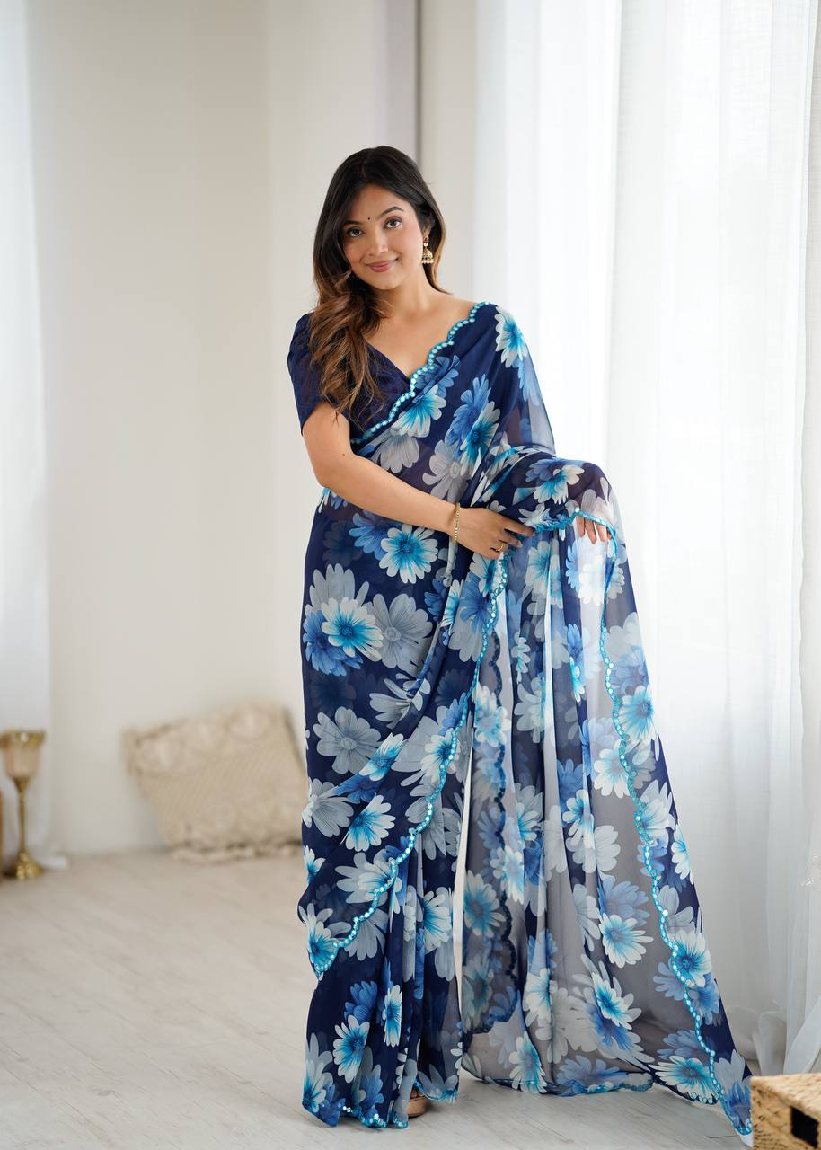 Printed Georgette Silk Saree with Mirror Work Border