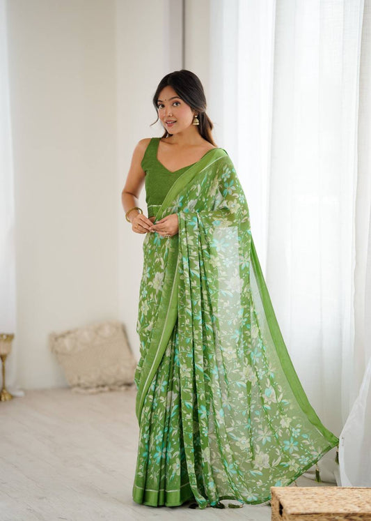 Bright Moss Satin Patta Printed Saree