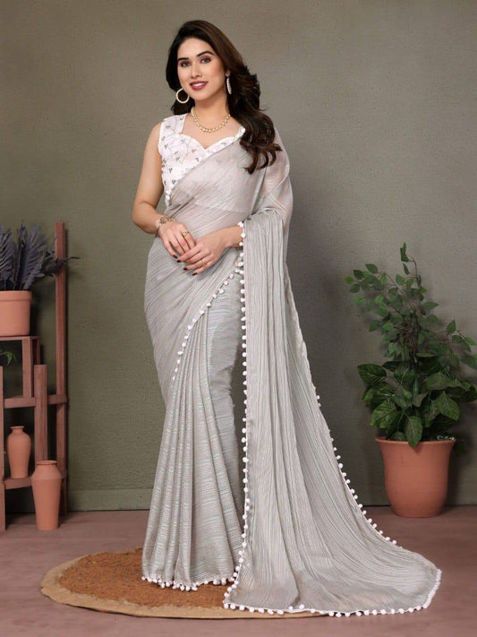 Polyester Zari Plain Saree with Embroidered Blouse & Pum Pum Lace