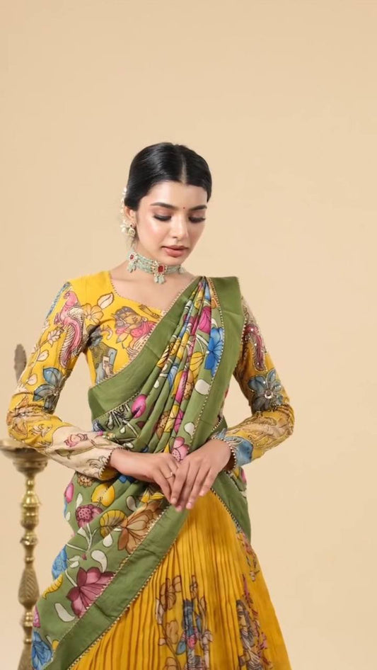 Chinon Kalamkari Print Designer Lehenga Choli with Lace Border Dupatta