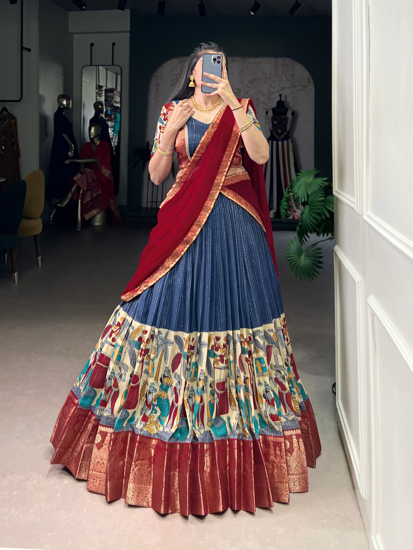 NITRIYA Poly Chanderi Kalamkari Print Lehenga Choli with Zari Stripe & Georgette Dupatta
