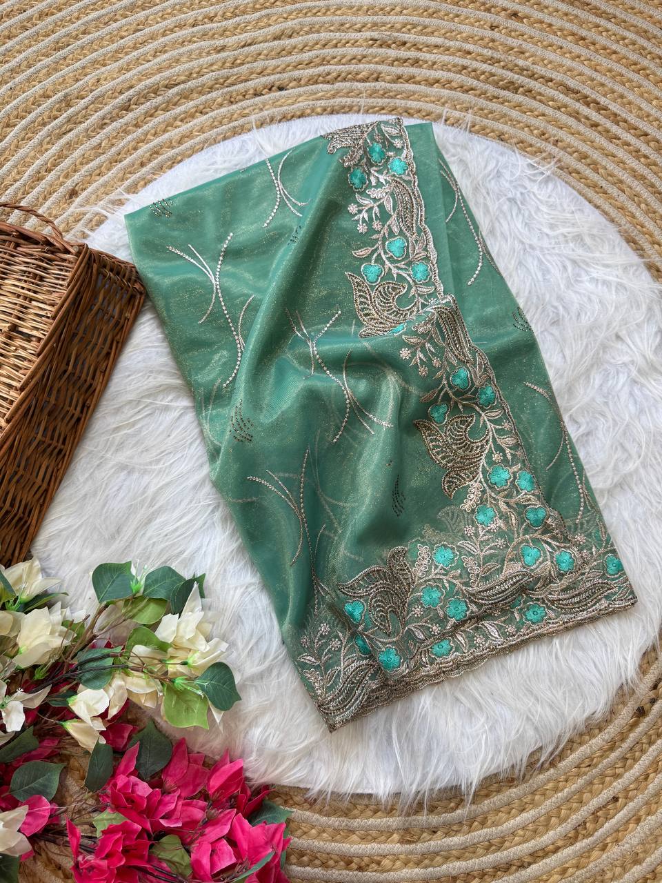 Pure Tissue Silk in solid color Saree With Embroidery viscose thread work with zarkhan