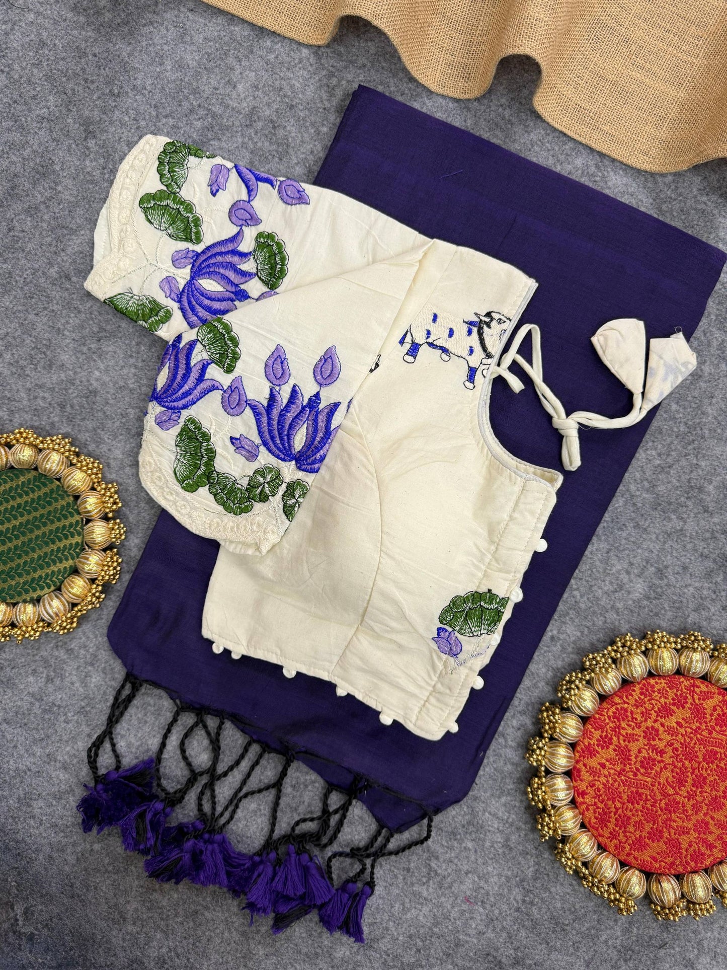 Khadi Cotton Heavy Embroidery with Aura Cotton With Designer Embroidery Blouse