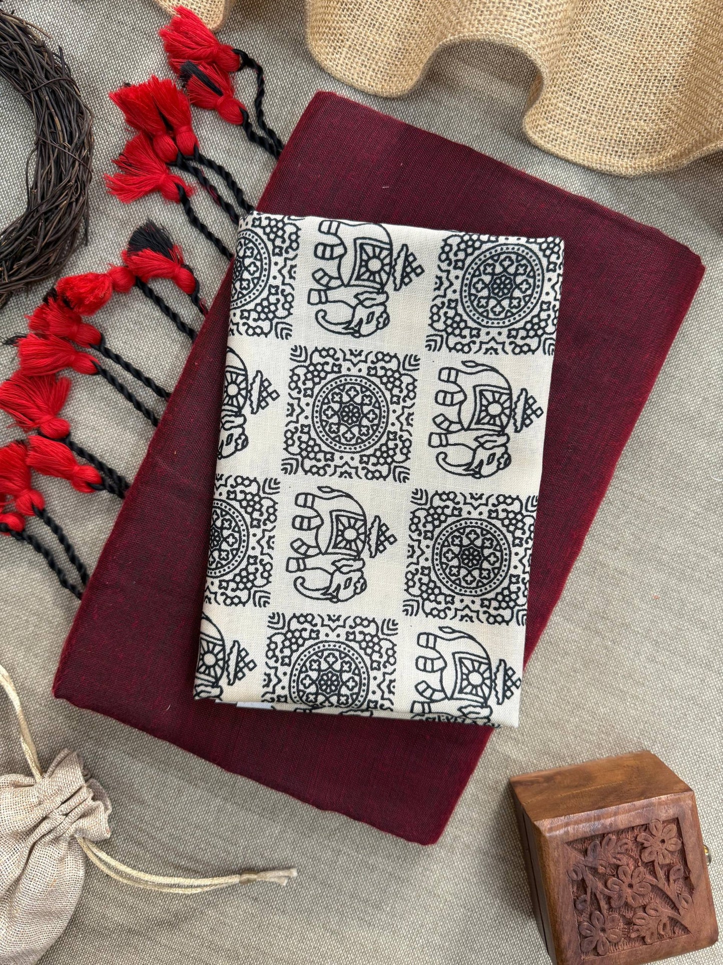 Khadi Cotton Saree With Tassels And Printed Blouse