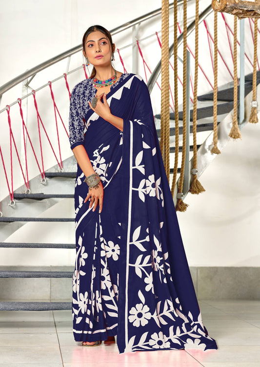 Floral Block Print Cotton Sarees – Mulmul Collection