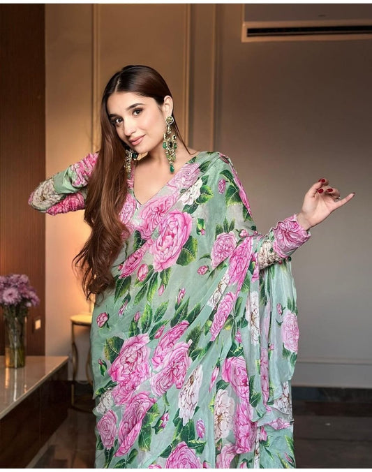 Chinon Silk Lehenga Saree Ready To Wear