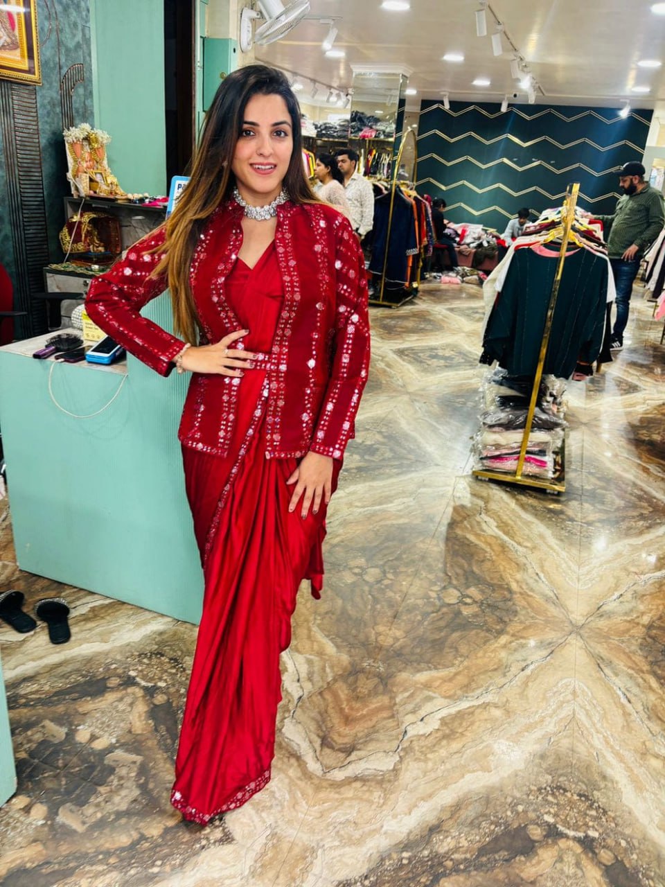 Diamond Satin Silk Multi-Thread Embroidery with Sequence Ready To Wear Saree With Jacket
