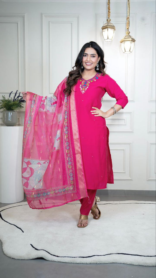 Roman Silk New Designer Kurti Pant Dupatta Set