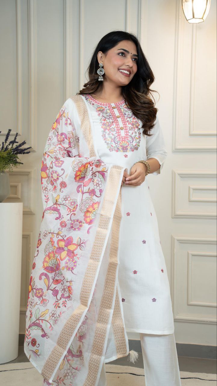 Roman Silk Multicolor Embroidery with Sequence Work Suit