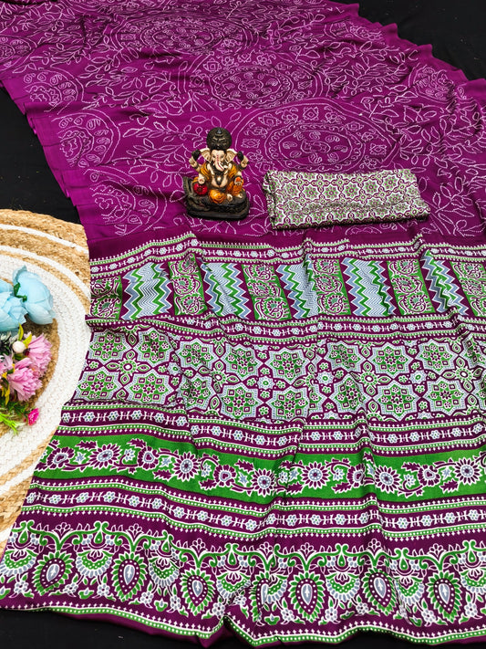 Ajrakh Printed Pallu Bandhej Saree