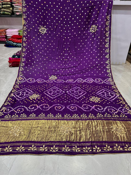Bandhani With Pure Lagadi Patta With Hand Work Saree