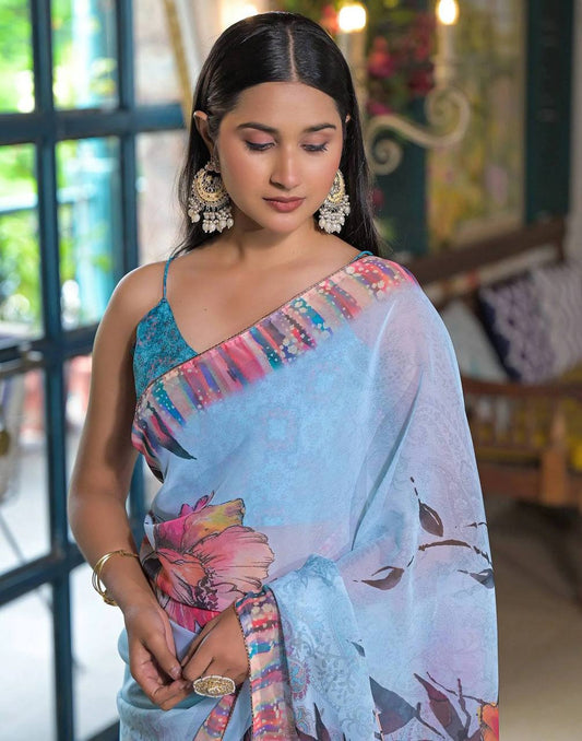 Georgette Silk Printed Saree with Valmoti Work