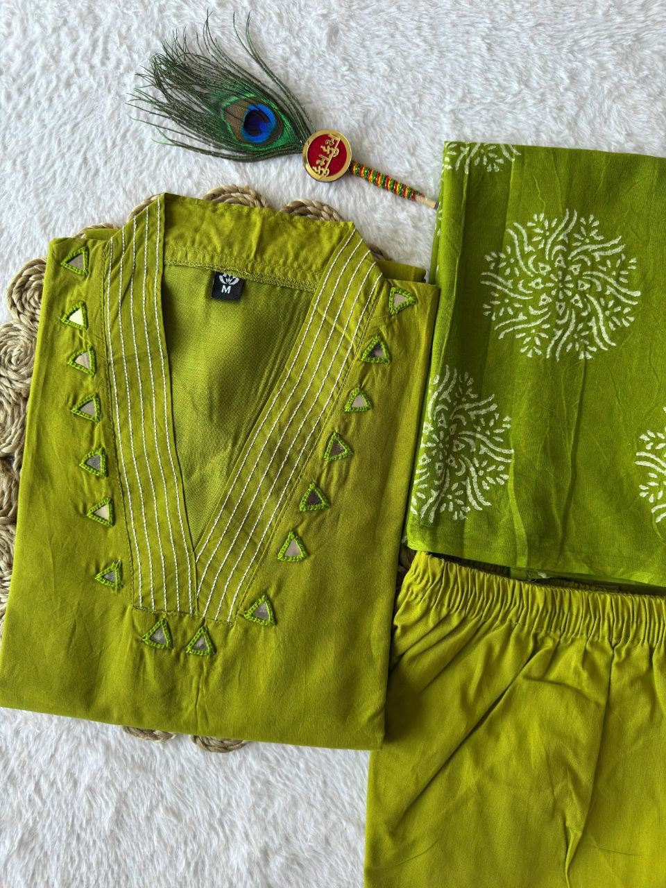Pure Cotton Embroidered Kurti Set with Real Mirror Work & Mul Cotton Dupatta – Parrot Green | KR-395