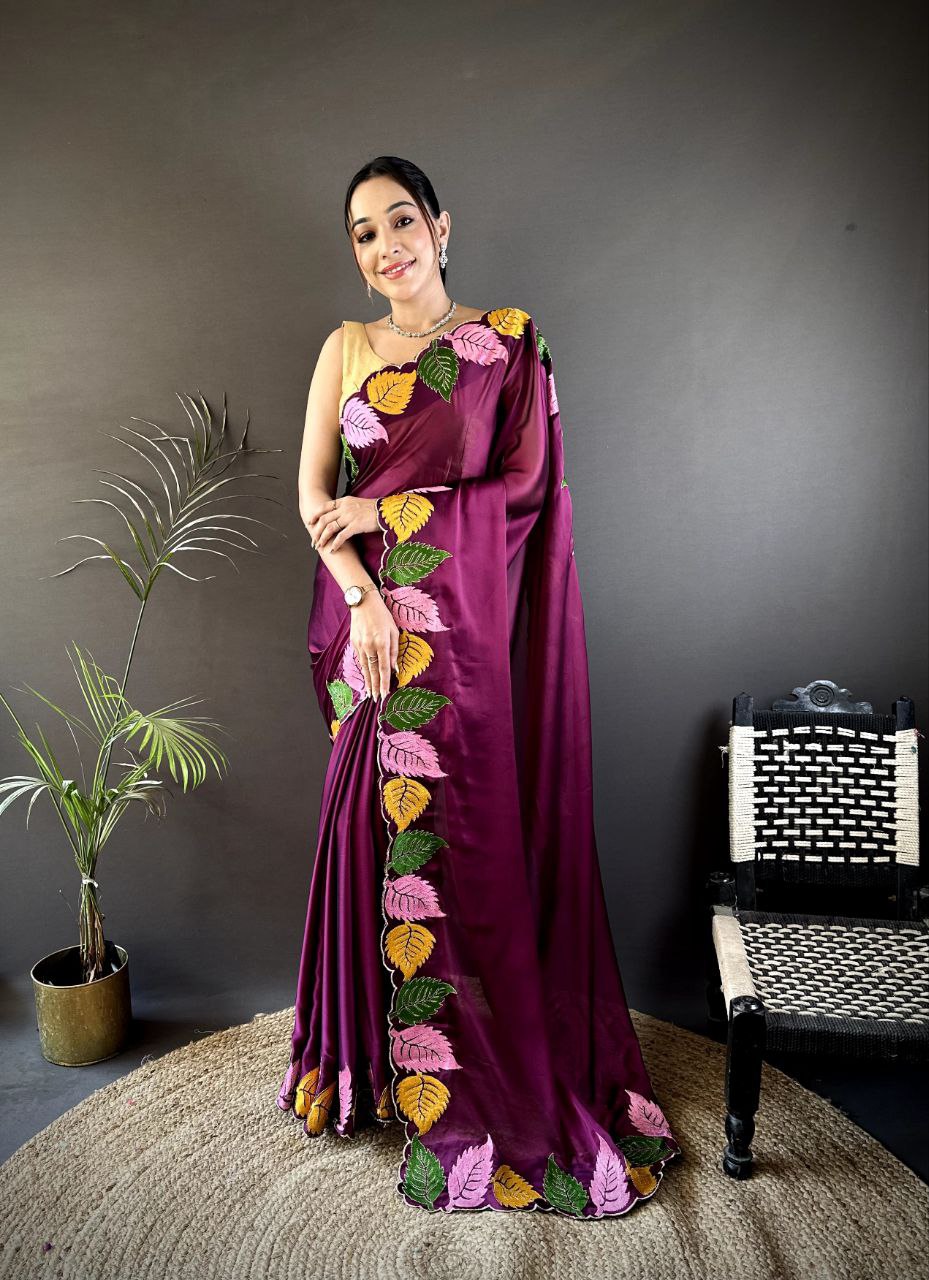 Multicolor Leaf Embroidery Saree in Rangoli Silk