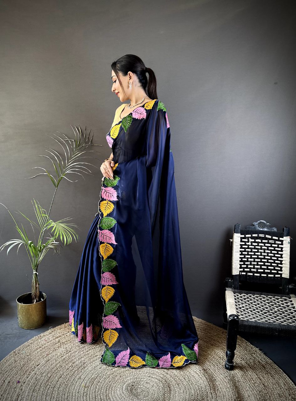 Multicolor Leaf Embroidery Saree in Rangoli Silk