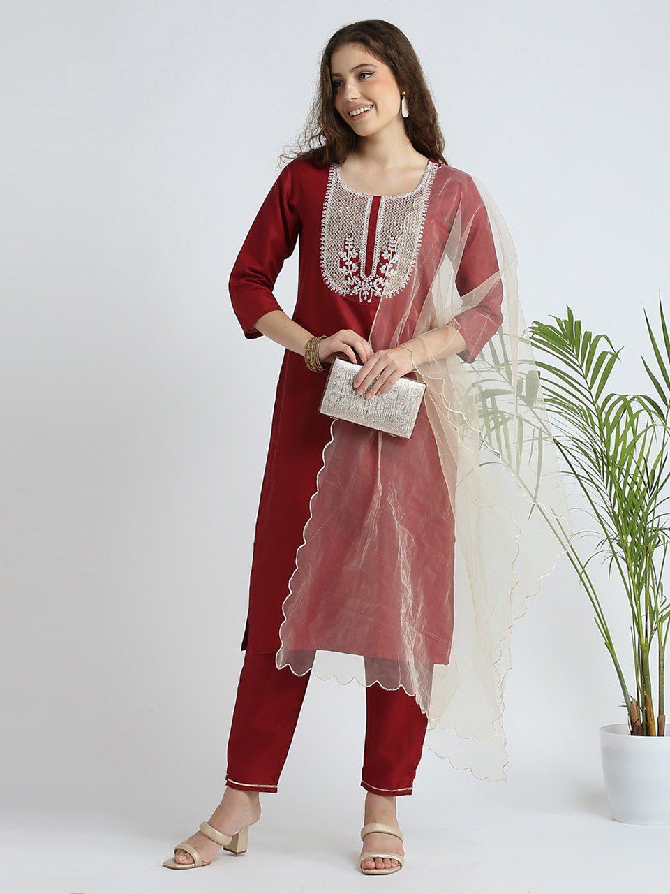 Slub Cotton Fully Stitched Ethnic Set with Dupatta