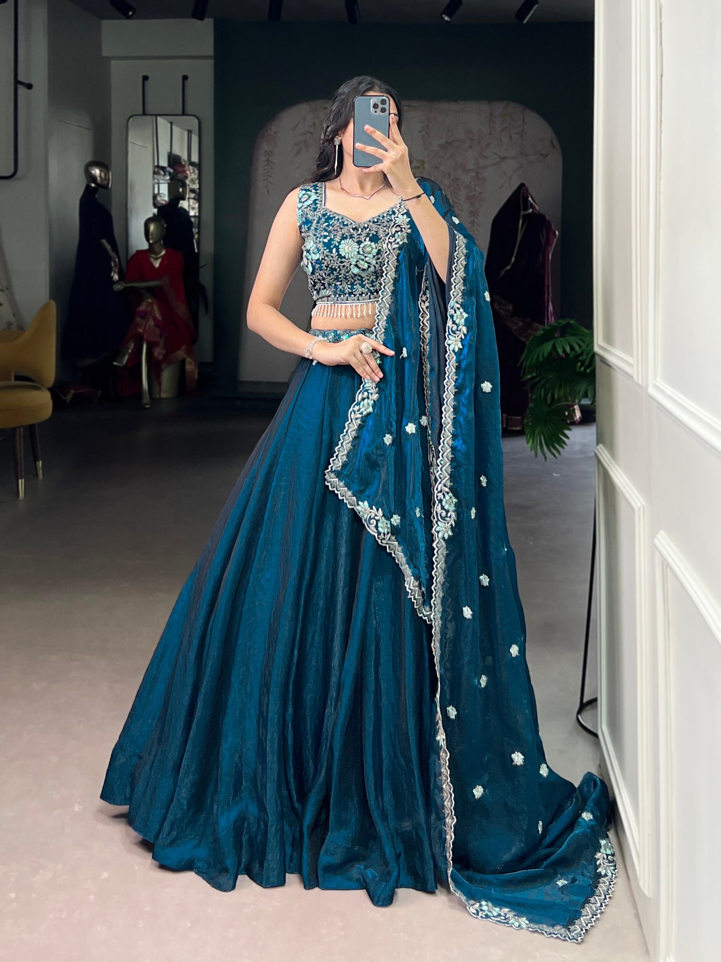Premium Fendi equins and thread embroidery with embellished belt Lehenga