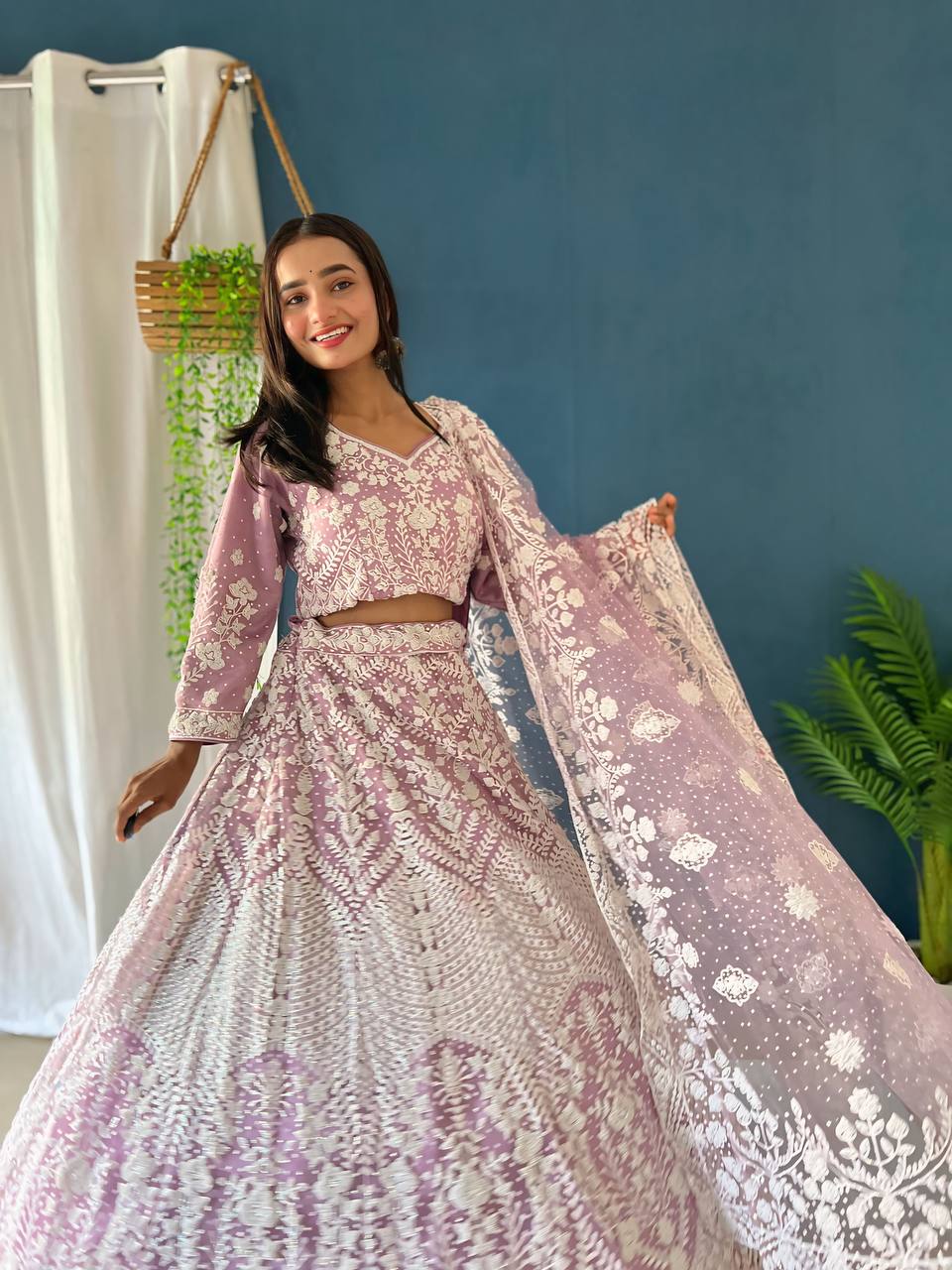 Heavy Mono Net Pure Bitts Pearl Design Work Lehenga