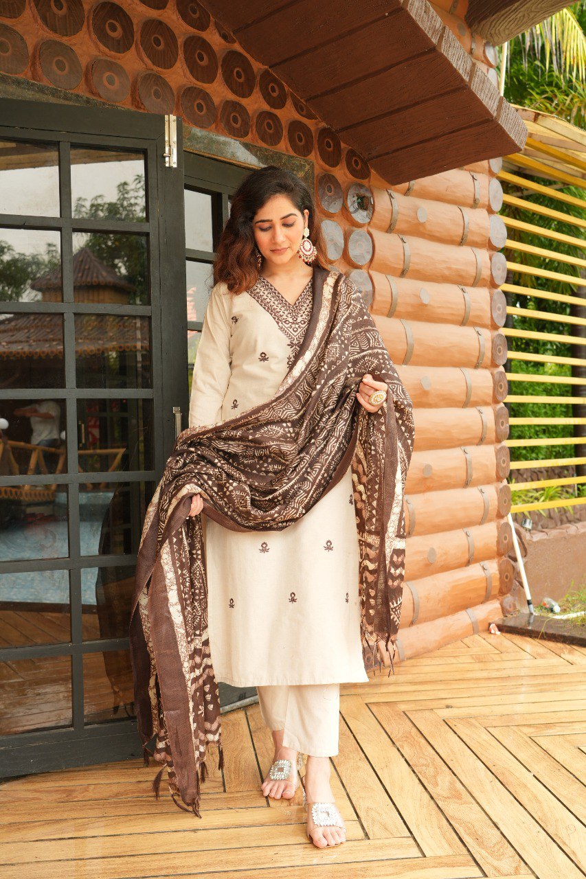 Khadi Cotton Fully Stitched Ethnic Set with Dupatta