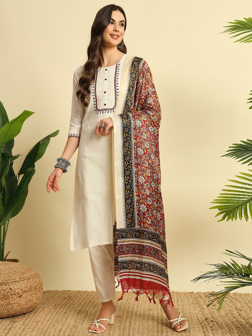 Khadi Cotton Fully Stitched Ethnic Set with Dupatta