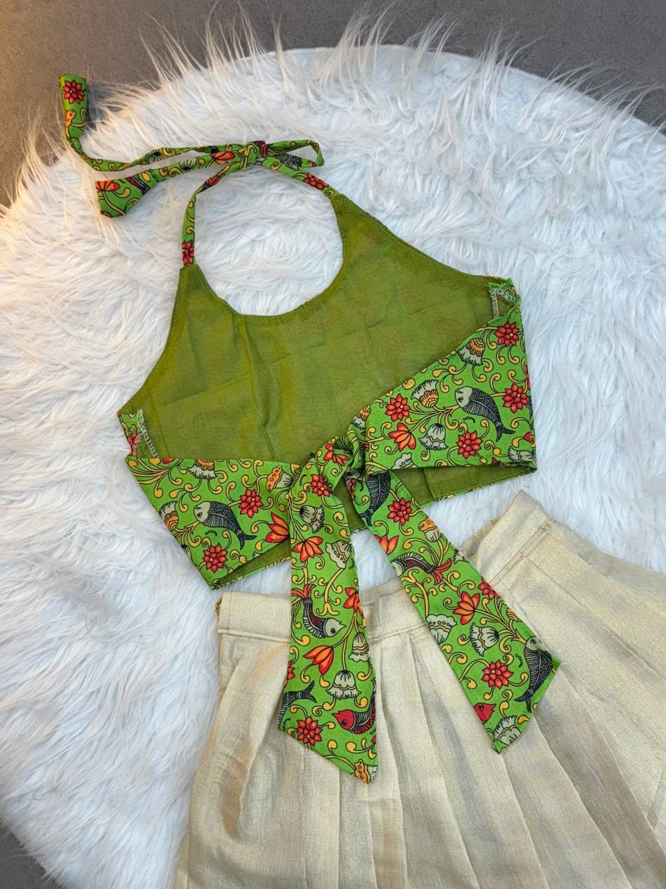 Kids Kerala Silk Lehenga Choli with Ajrakh Print Blouse