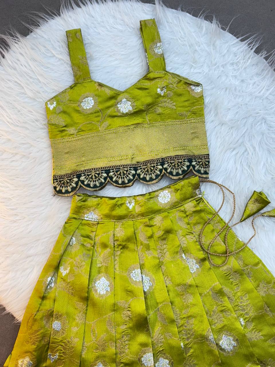 Kids Silk Lehenga Choli with Jacquard Weaving & Embroidery Lace