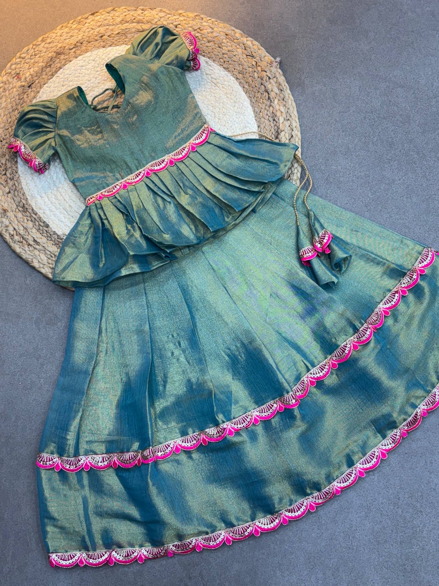 Ice Blue Dual ton Kids Silk Lehenga Choli with Jacquard Weaving & Embroidery Lace