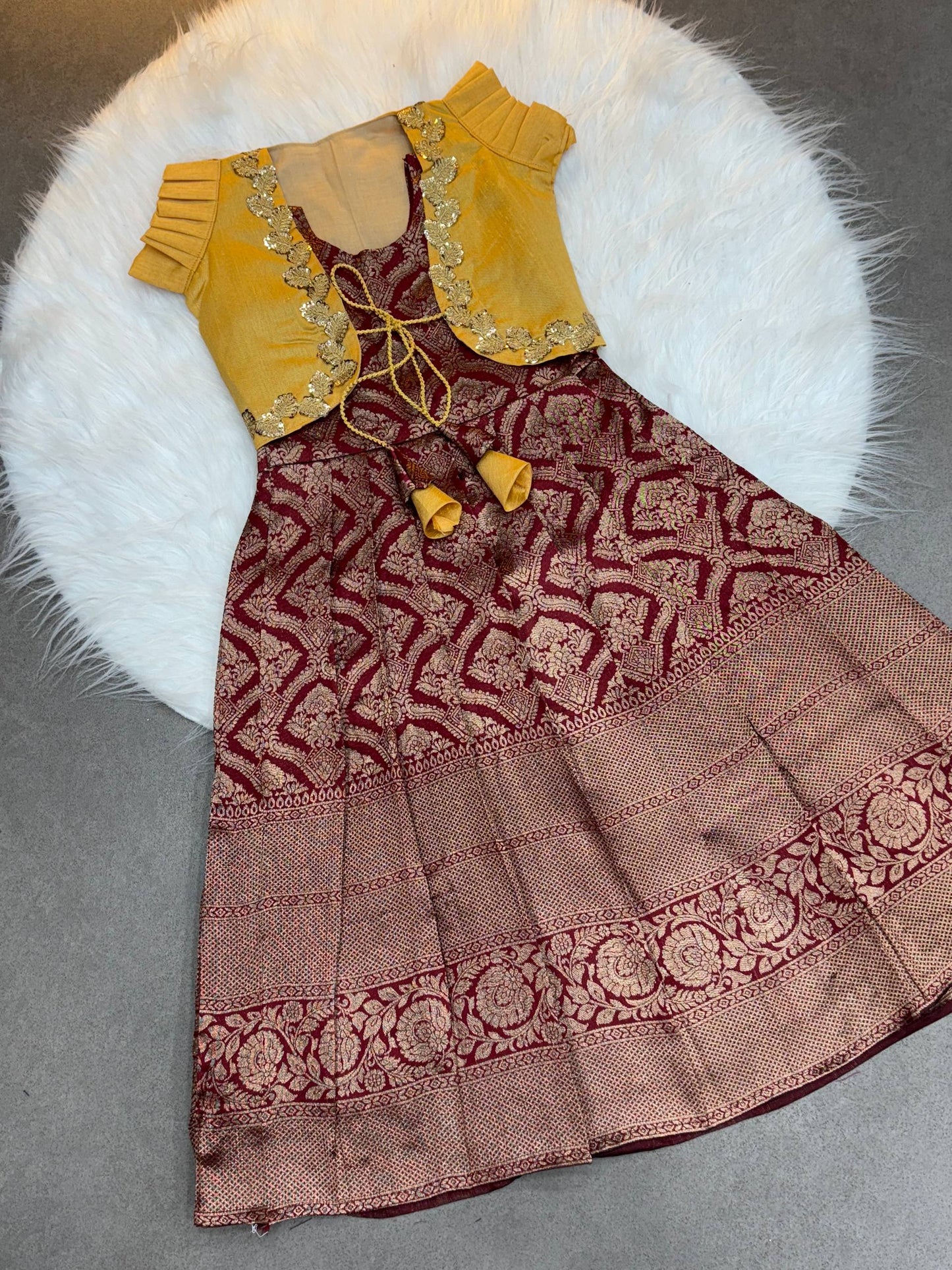 Maroon Color Kids Koti Gown with Jacquard Weaving & Embroidered Koti