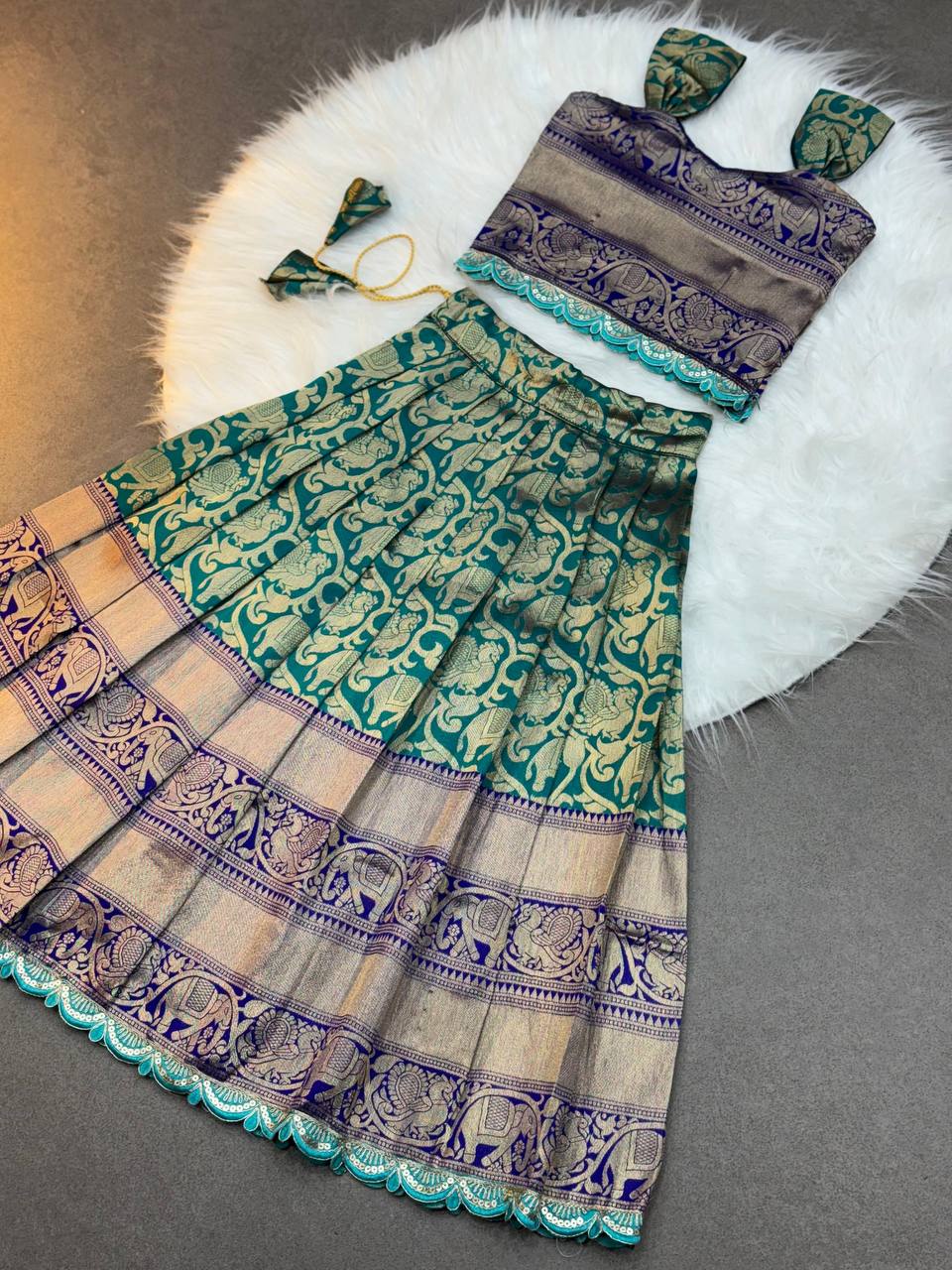 Kids Silk Lehenga Choli with Jacquard Weaving & Embroidery Lace