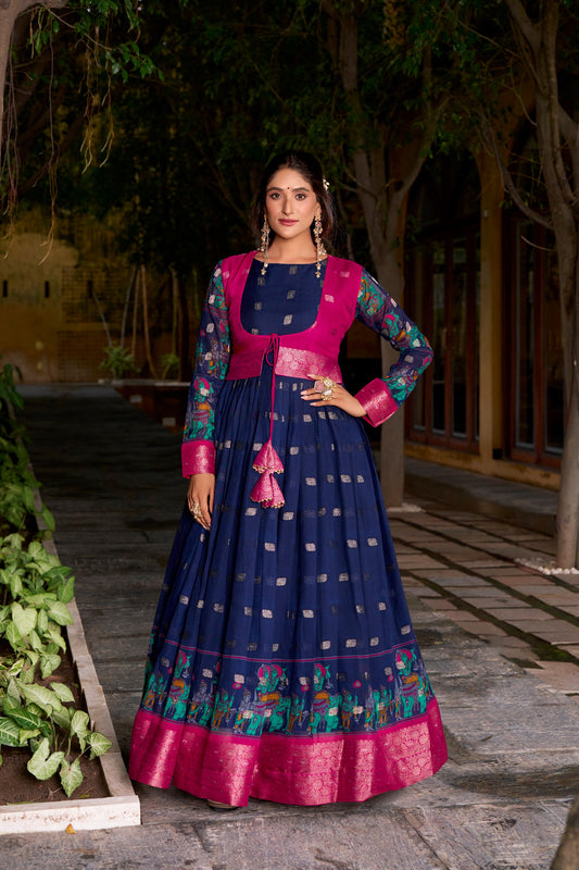 Chanderi-Style Flared Gown with Printed Koti