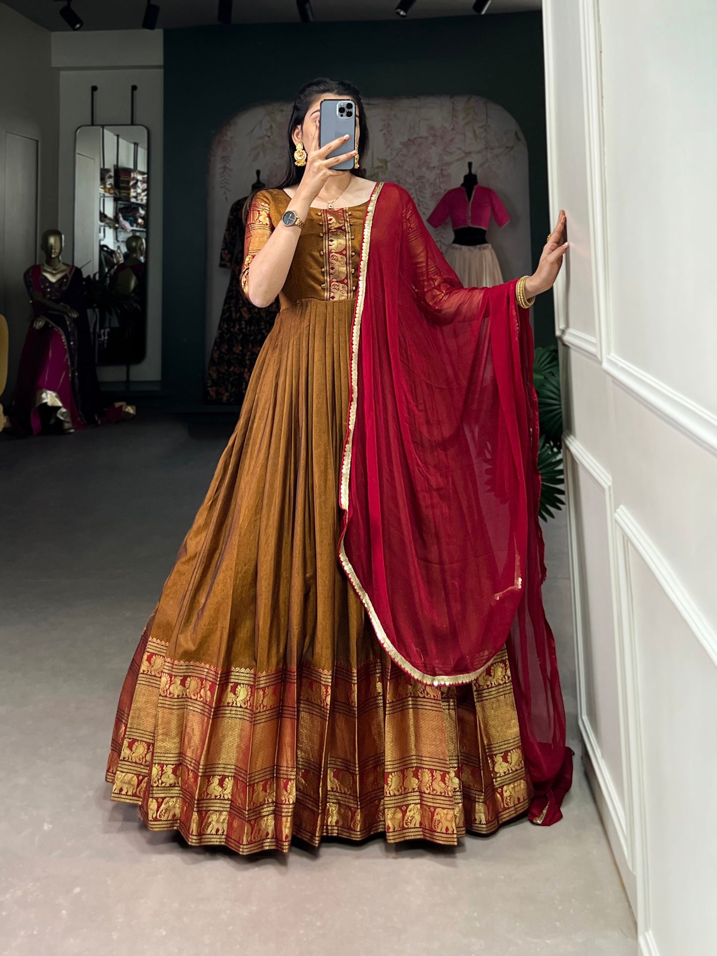 Traditional Narayanpet Cotton Gown with Chiffon Dupatta